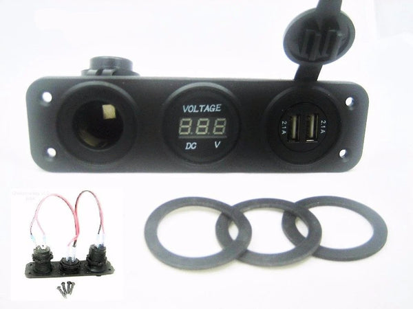 Highest 4.2 Amp USB Charger + Voltmeter +12 V Socket Panel Marine Outlet + wires - 12-vtechnology