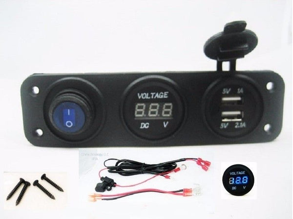 Dual USB Charger + Blue Voltmeter + Power LED Switch w/ Wires Marine Outlet 12V - 12-vtechnology
