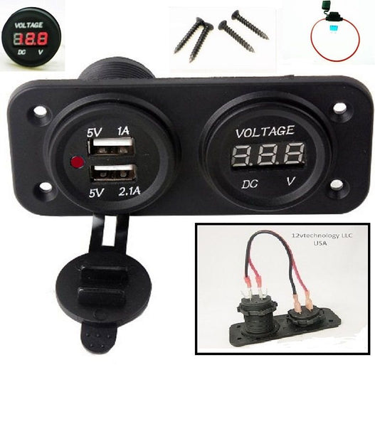 Red Waterproof Panel Mount 12 Volt USB Charger 3.1 Amp + Voltmeter + wires + Fuse - 12-vtechnology