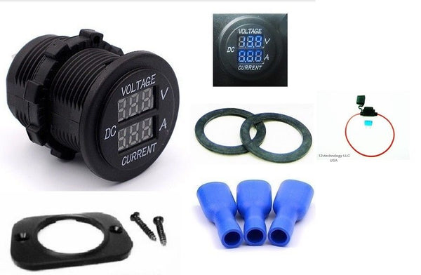 Fused Waterproof 12V Blue Round LED Digital Amp Meter Ammeter Current Voltmeter - 12-vtechnology