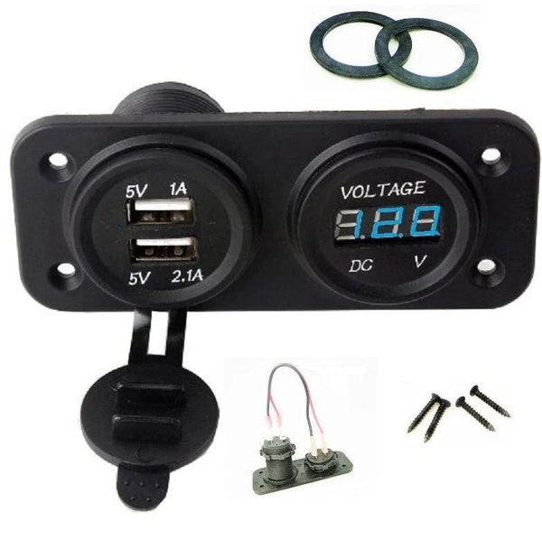 MARINE BOAT RV WATERPROOF DUAL USB SOCKET CHARGER AND BLUE VOLTMETER PANEL - 12-vtechnology